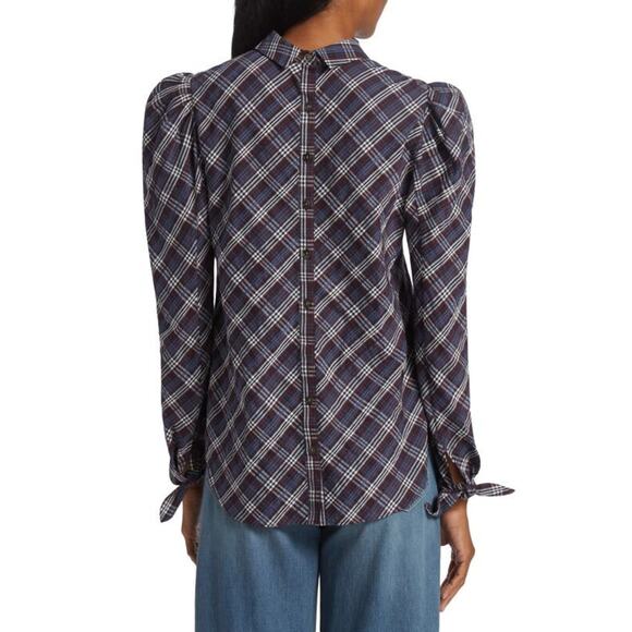 $368 NWT Veronica Beard Isabel Reversed Wine Plaid Blouse Puff Sleeves Size 2 - Picture 9 of 9